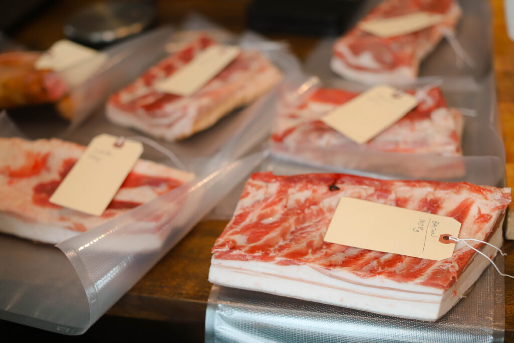 butchered and labeled pork.