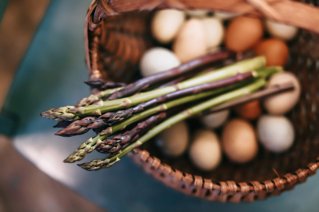 A basket of eggs with fresh cut asparagus on top.