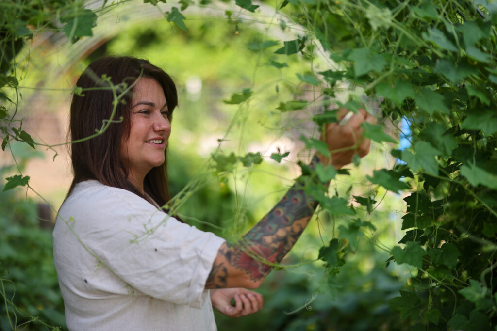 A woman picking beans from a trellis in the garden.