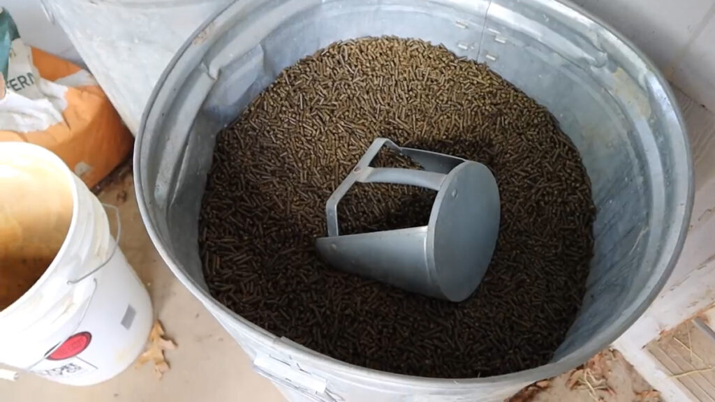 Animal feed and scoop in a metal trash can.