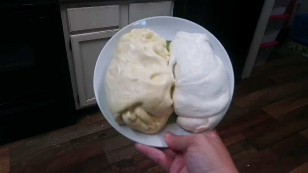 Two balls of homemade mozzarella cheese side by side on a plate.