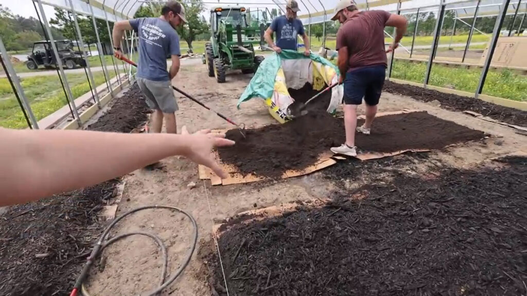Compost being spread onto cardboard for a no-till garden bed.