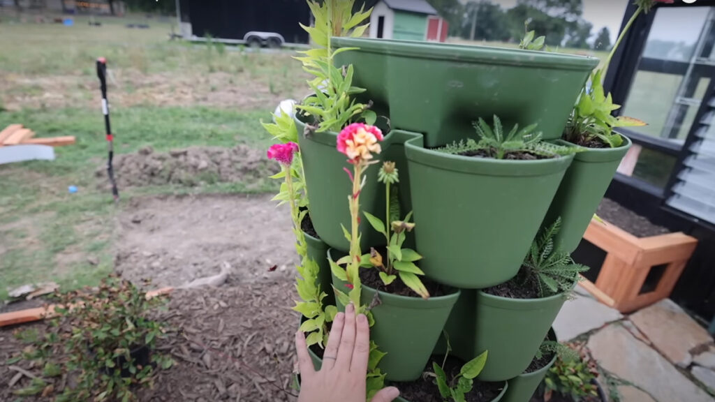 Flowers and plants growing in a GreenStalk planter.