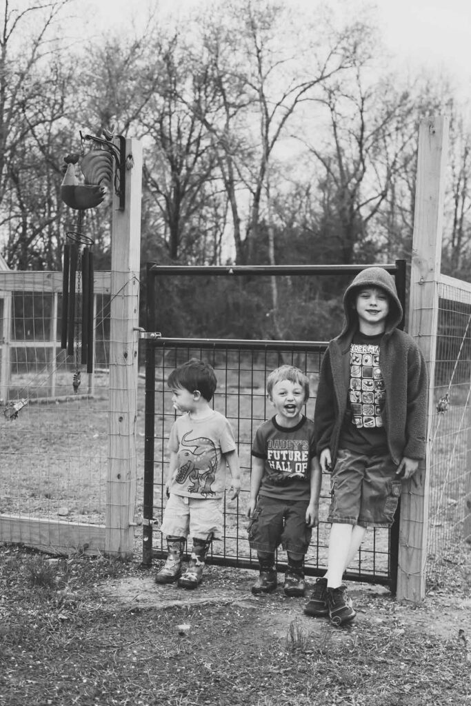 Three young boys by a garden gate.